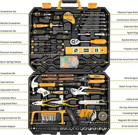 Caisse a Outil 228 Pièces, Malette Boite Coffret Complete Bricolage Portable Marteau Pinces Tournevis Clé Douille Ruban Mesurer Testeur Électrique Stylo Kits Réparation Combiné