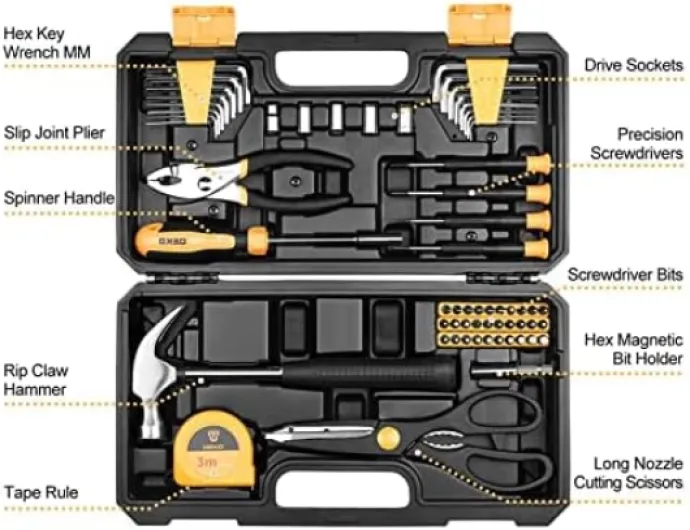 DEKO Outils Bricolage Kit - 62 Pièce Malette Outils à Main Ménage Général avec Boîte à Outils en Plastique Mallette de Rangement Jaune