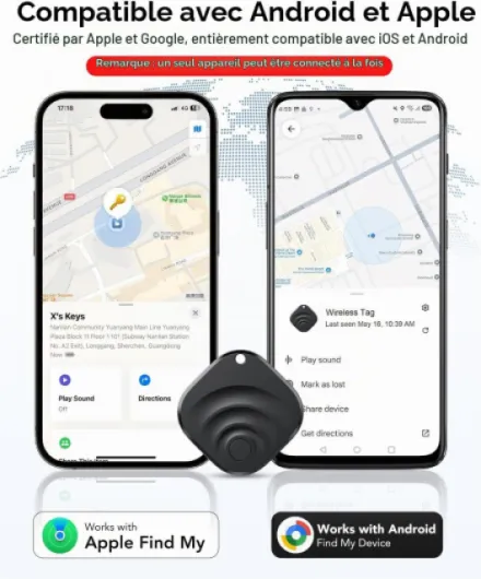 Lot de 4 Traceur Tag Android & iOS, Compatible avec Apple Find My et Google Find Hub, Tracker GPS Android & iOS avec Batterie remplaçable, pour Portefeuilles/Valises/Clés/Bagages (4 Noir) Noir 4