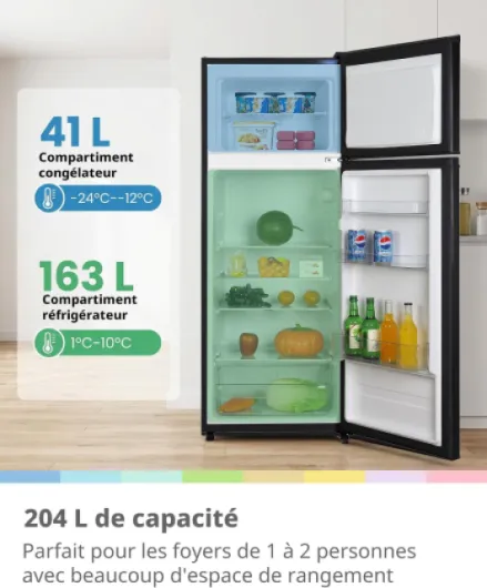 204 L Frigo Congelateur, Refrigerateur Congelateur 2 Portes, Noir - Congélateur supérieur, 137 kWh/an, Inverter, 163L+41L, Température Réglable, tiroir légumes, LED, portes réversibles 204L-Noir
