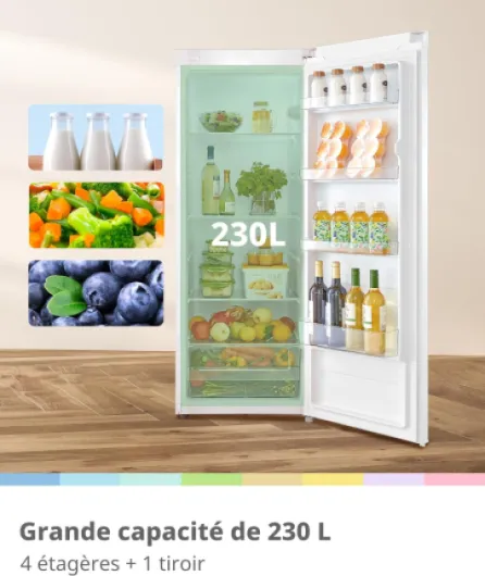 ' 230L Réfrigérateur 1 Porte, Frigo Compact, Blanc - Hauteur 142 cm, Pose Libre, Thermostat 1–10 °C, Éclairage LED, Porte Réversible, Clayettes en verre et tiroir pour légumes Blanc-230l
