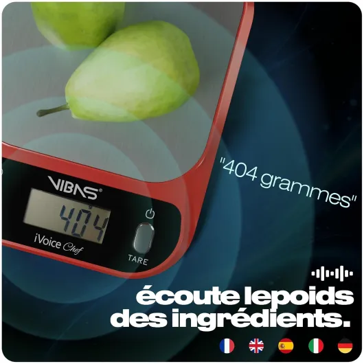 Balance de Cuisine Parlante VIBAS iVoice Chef avec Bol, pour Non-Voyants et Seniors, 5 Langues, Signaux Sonores, Répétition du Poids, Volume Réglable, 10 kg, Piles Incluses Rouge