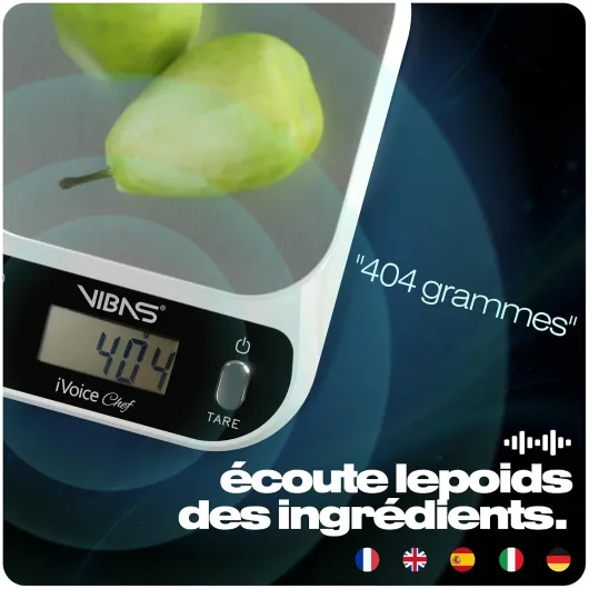 Balance de Cuisine Parlante VIBAS iVoice Chef avec Bol, pour Non-Voyants et Seniors, 5 Langues, Signaux Sonores, Répétition du Poids, Volume Réglable, 10 kg, Piles Incluses Blanc