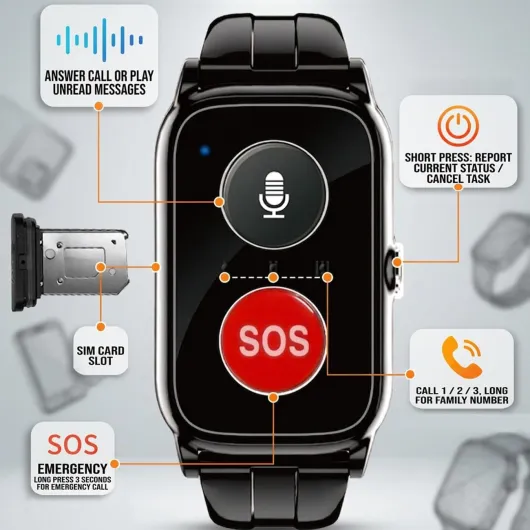 Montre Connectée Senior, Détection De Chute Bouton SOS Et GPS, Montre pour Personne Agée Bracelet De Sécurité pour Alzheimer Et Démence Black,4.9 * 3.3cm 4.9*3.3cm Noir