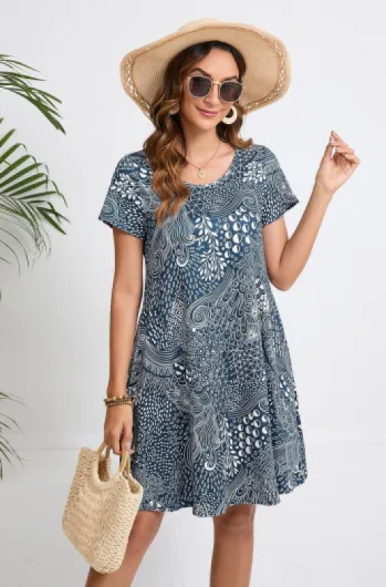 Robes d'été pour Femme T-Shirt à Manches Courtes Robe de Plage avec Poches Robe décontractée jusqu'aux Genoux XXL Bleu