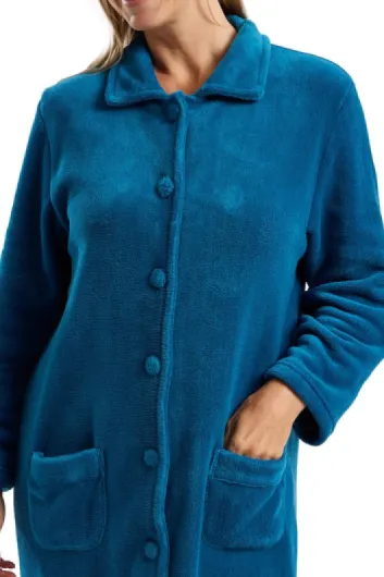 Marlon Ramona Robe de chambre confortable en polaire corail pour femme - Robe douce et chaude avec fermeture à boutons ou à glissière, col Claudine et poches 36-38 Bleu Sarcelle