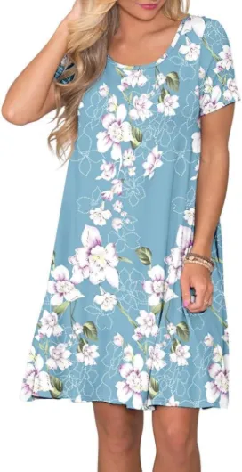 Femme Robes été à Manches Courtes Décontracté T-Shirt avec Poches - Robe Ample Courte, Robes Trapèze M Fleuri Bleu Clair
