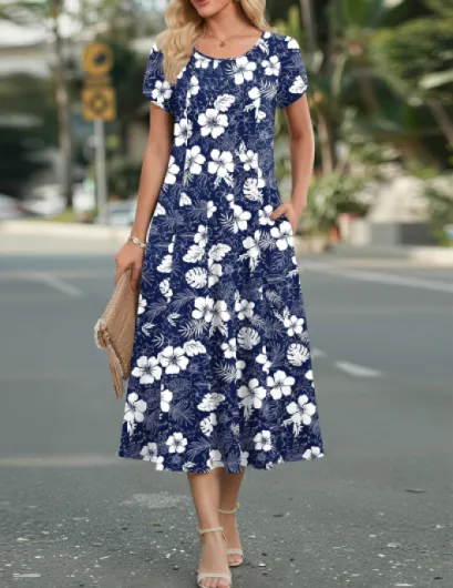 Robe Femme Estivale Casual Manches Courtes avec Poches A‑Line Robe Midi Légère Élégante pour Printemps Été S-XXL Imprimé Bleu Marine S
