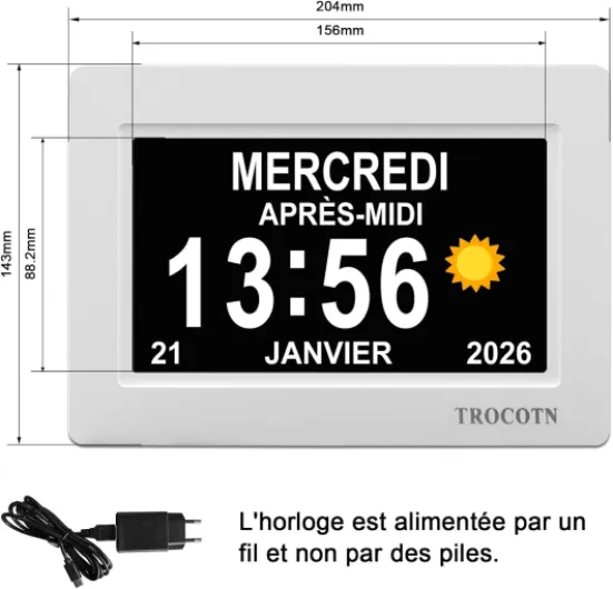 TROCOTN Horloge numérique Horloge de Jour Grand écran réveil Murale (Blanc, 7 Pouces) Blanc 7 Pouces