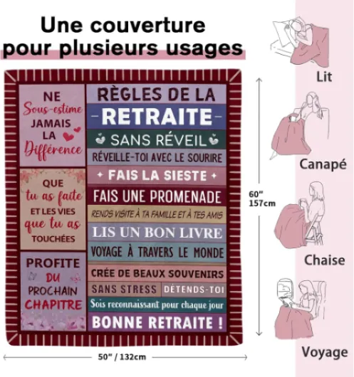Cadeau Retraite Femme, Cadeau Départ Retraite - Plaid Bénédictions - Cadeau Retraite Original pour Amie, Collegue, Maman, Soeur, Mamie, Dimensions :157×132 cm