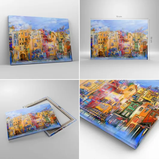 Moderne Impression sur Toile vieille ville immeuble Image Tableau Decoration Murale 70x50cm Deco Cadre Décoration Salon Chambre Cuisine Horizontal Tableaux Decoratifs Muraux Art Wall AA70x50-3419 Bleu 70L x 50l cm