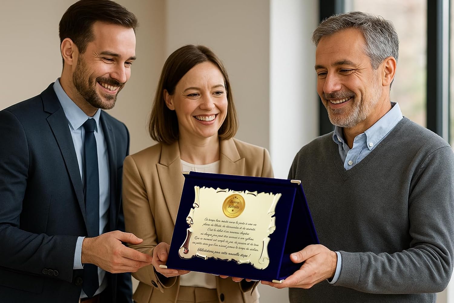 Plaque de Retraite avec Texte Émotionnel - Cadeau de Départ à la Retraite pour Homme ou Femme - Style Parchemin Doré avec Coffret en Velours - Motif Médaille "Bonne Retraite" (Bleu & Or)