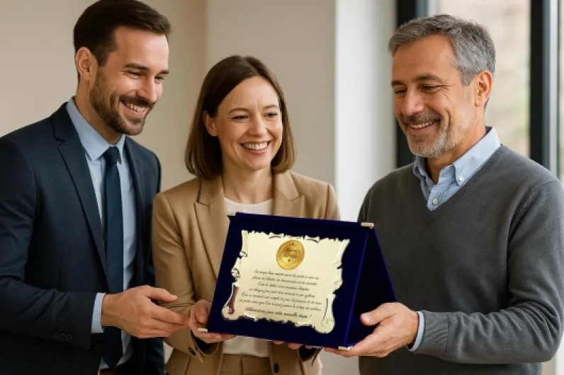 Plaque de Retraite avec Texte Émotionnel - Cadeau de Départ à la Retraite pour Homme ou Femme - Style Parchemin Doré avec Coffret en Velours - Motif Médaille "Bonne Retraite" (Bleu & Or)