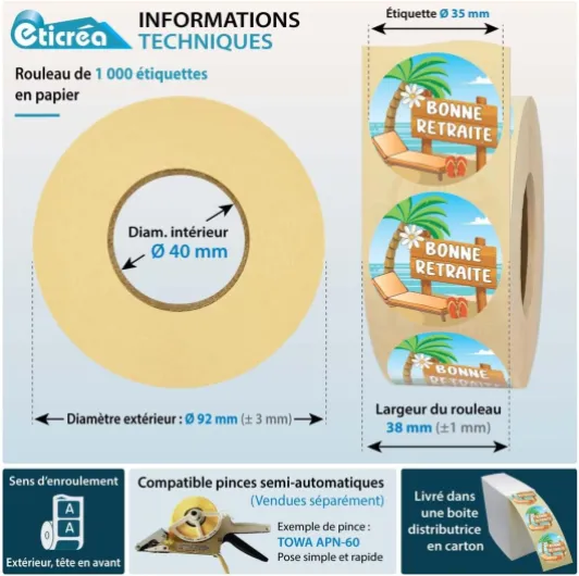 1000 étiquettes cadeaux Ø 3,5 cm BONNE RETRAITE autocollantes - Rouleau de pastilles rondes adhésives en papier autocollant pour décorer un paquet cadeau de nouveau retraité